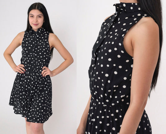 90s Ed Michaels Polka Dot Mini Dress Black White Collared Sleeveless Extra Small