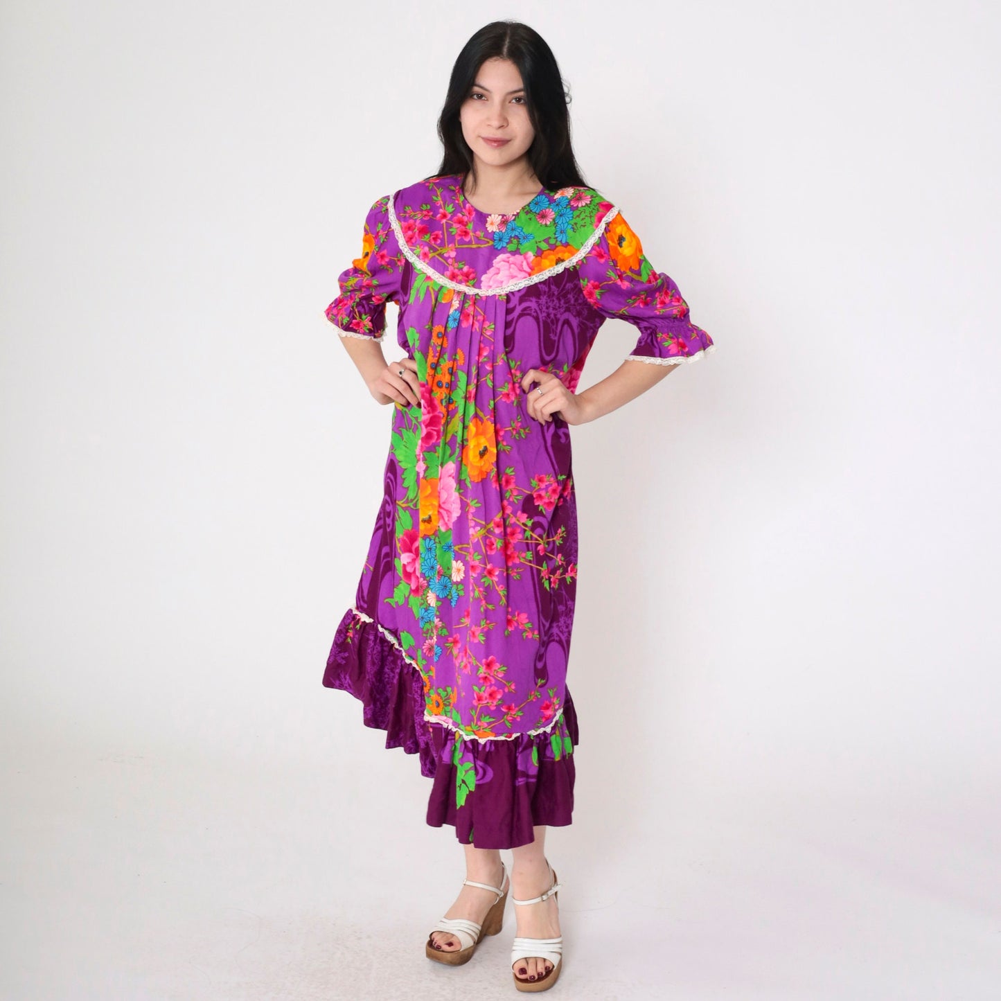 70s Purple Floral Midi Dress Puff Sleeve Tent Cut Lace Bib Large