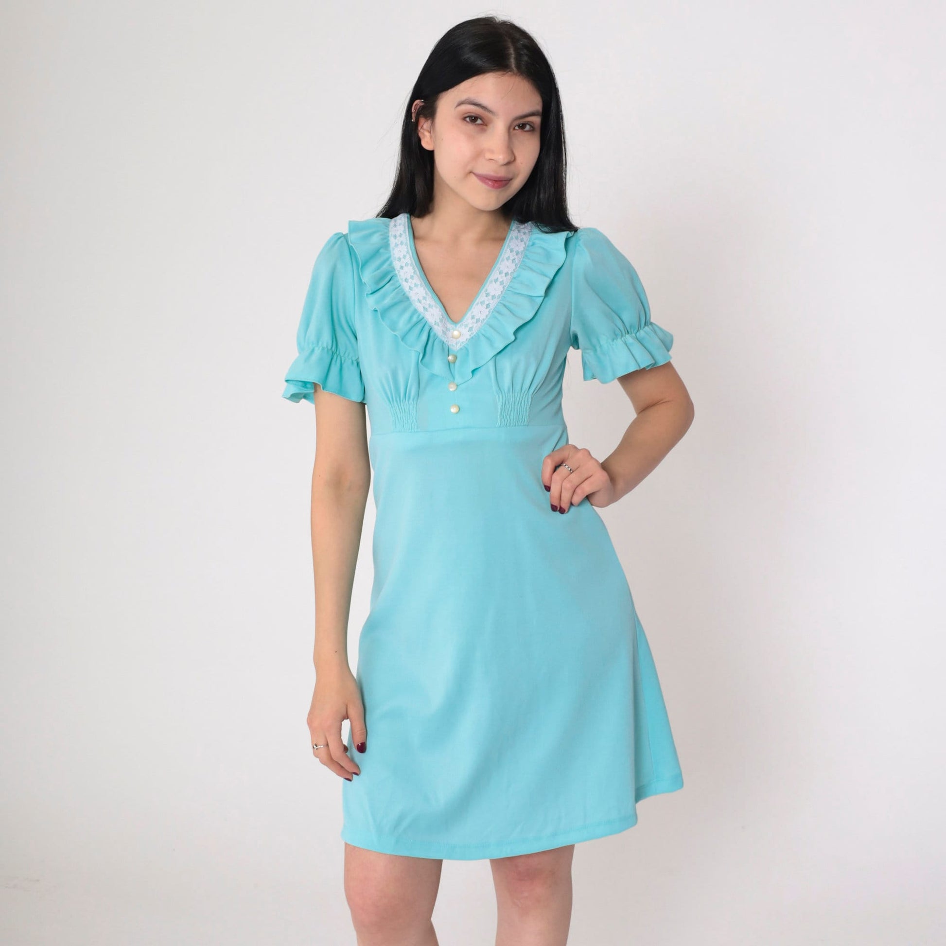 70s Blue Babydoll Mini Dress Empire Waist Puff Sleeve Lace Trim Small