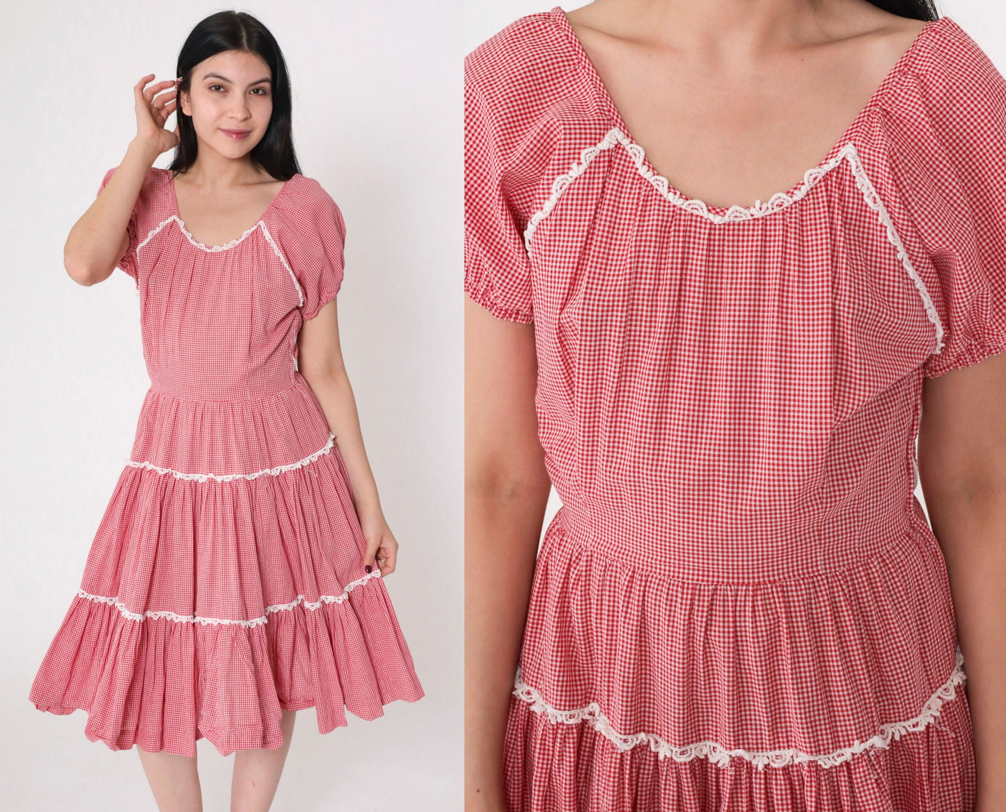 60s Red Gingham Prairie Dress Puff Sleeve Tiered Skirt High Waisted Small