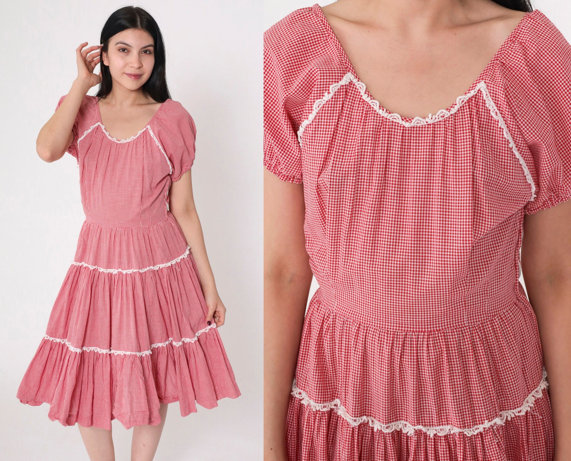 60s Red Gingham Prairie Dress Puff Sleeve Tiered Skirt High Waisted Small
