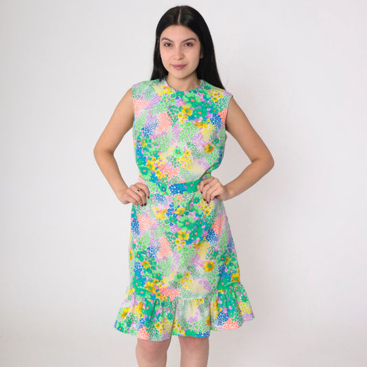 70s Liberty Circle Floral Mini Dress Sleeveless High Waist Small