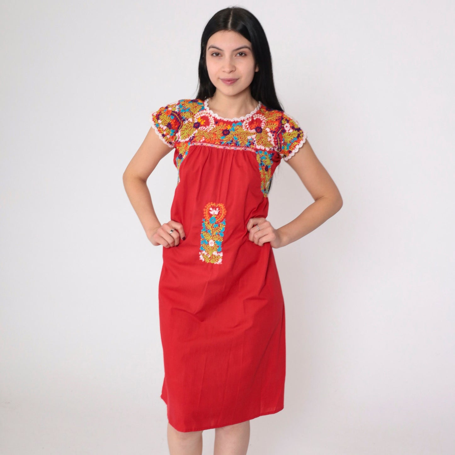 70s Oaxacan Embroidered Mini Dress Red Floral Cotton Cap Sleeve Small