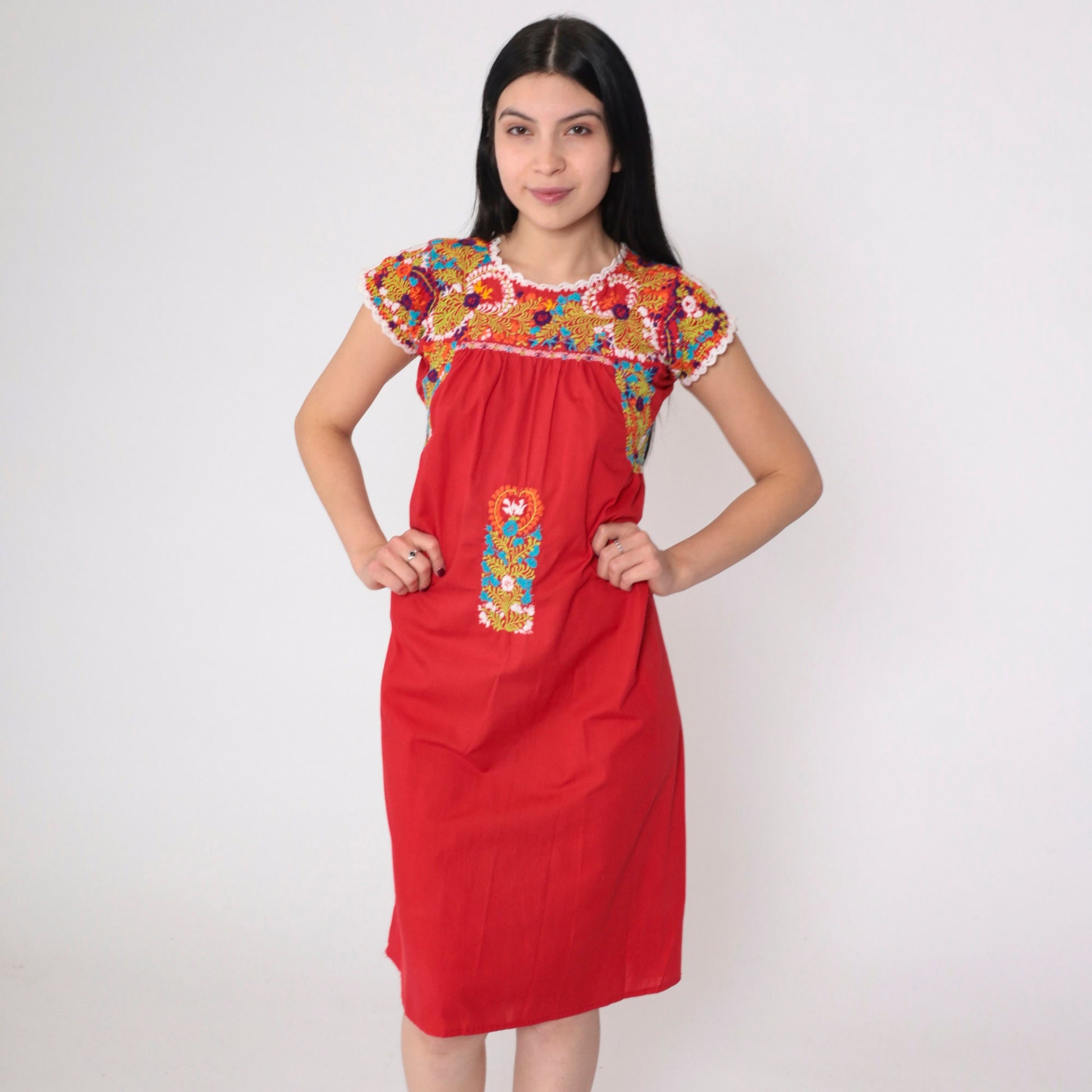 70s Oaxacan Embroidered Mini Dress Red Floral Cotton Cap Sleeve Small