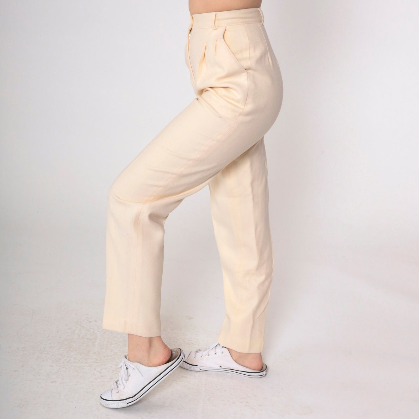 80s Jennifer Moore Cream Wool Pleated Trousers High Waisted Tapered Extra Small