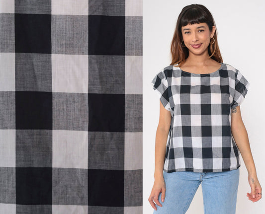 80s Buffalo Plaid Blouse Black White Checkered Cap Sleeve Scoop Neck Large