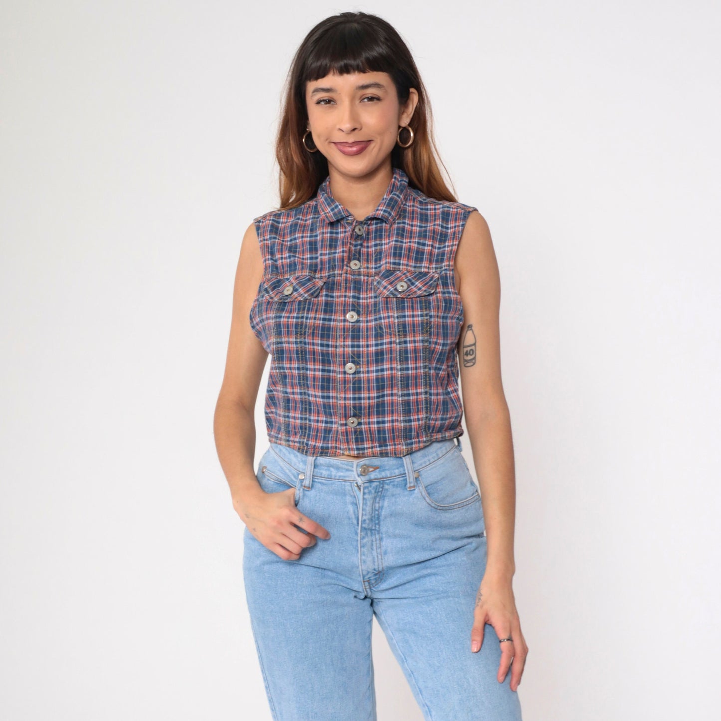 90s Plaid Button-Up Tank Top Blue Orange Checkered Cotton Medium