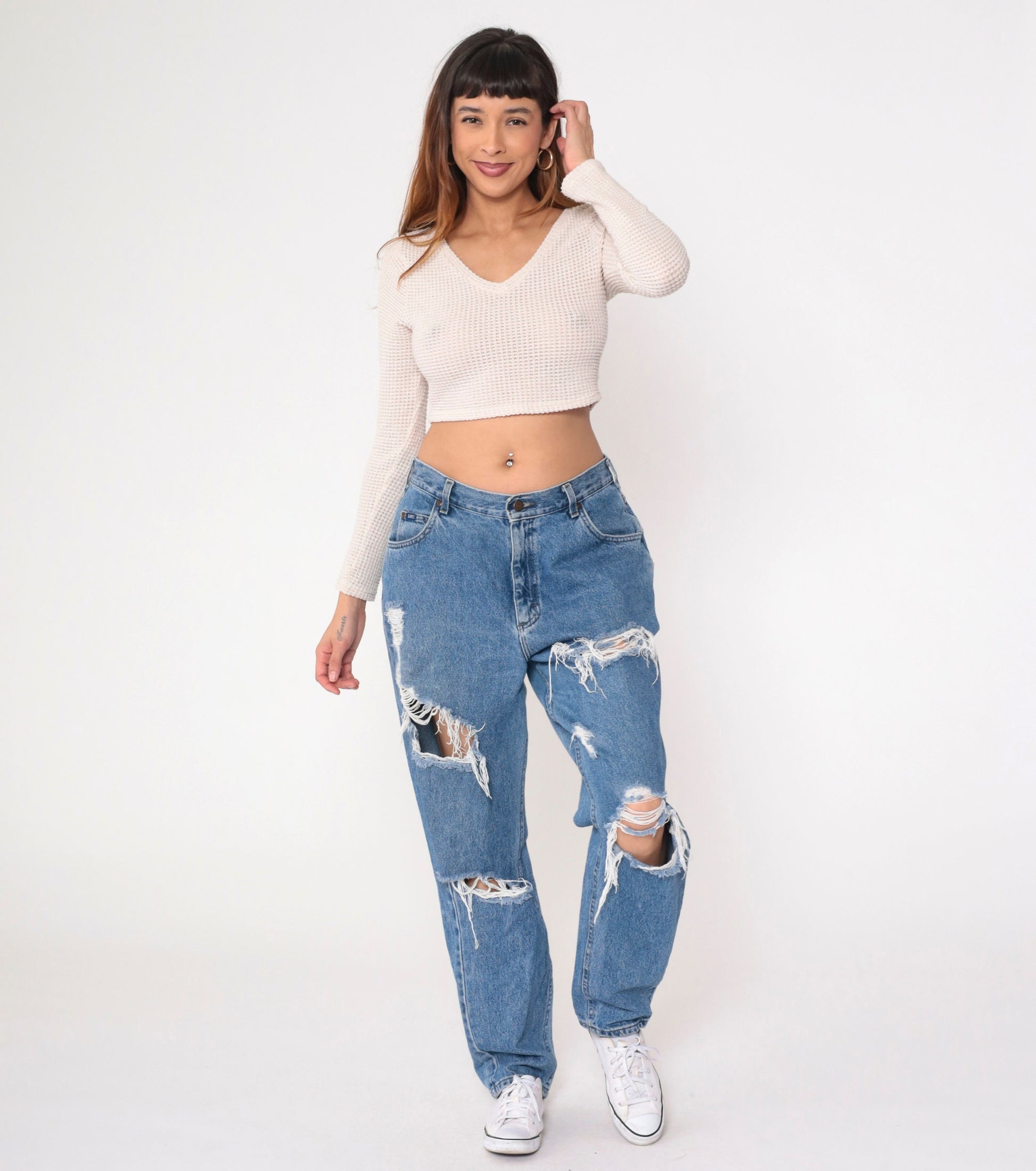 90s Lee Ripped Blue Denim High Rise Straight Leg Jeans 32