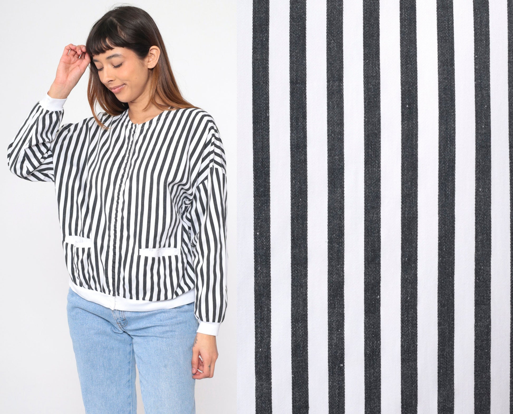 80s Black White Striped Cotton Shacket Hidden Snap Jacket Medium