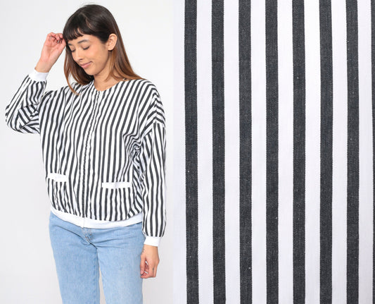 80s Black White Striped Cotton Shacket Hidden Snap Jacket Medium