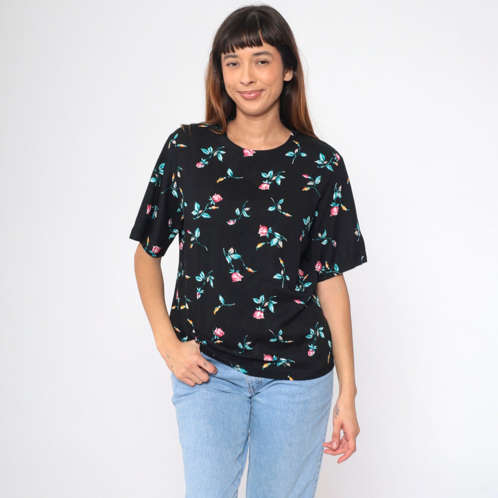 90s Black Floral Rayon Blouse Short Sleeve Rose Print Shirt Medium