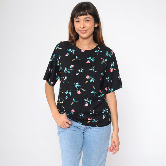 90s Black Floral Rayon Blouse Short Sleeve Rose Print Shirt Medium