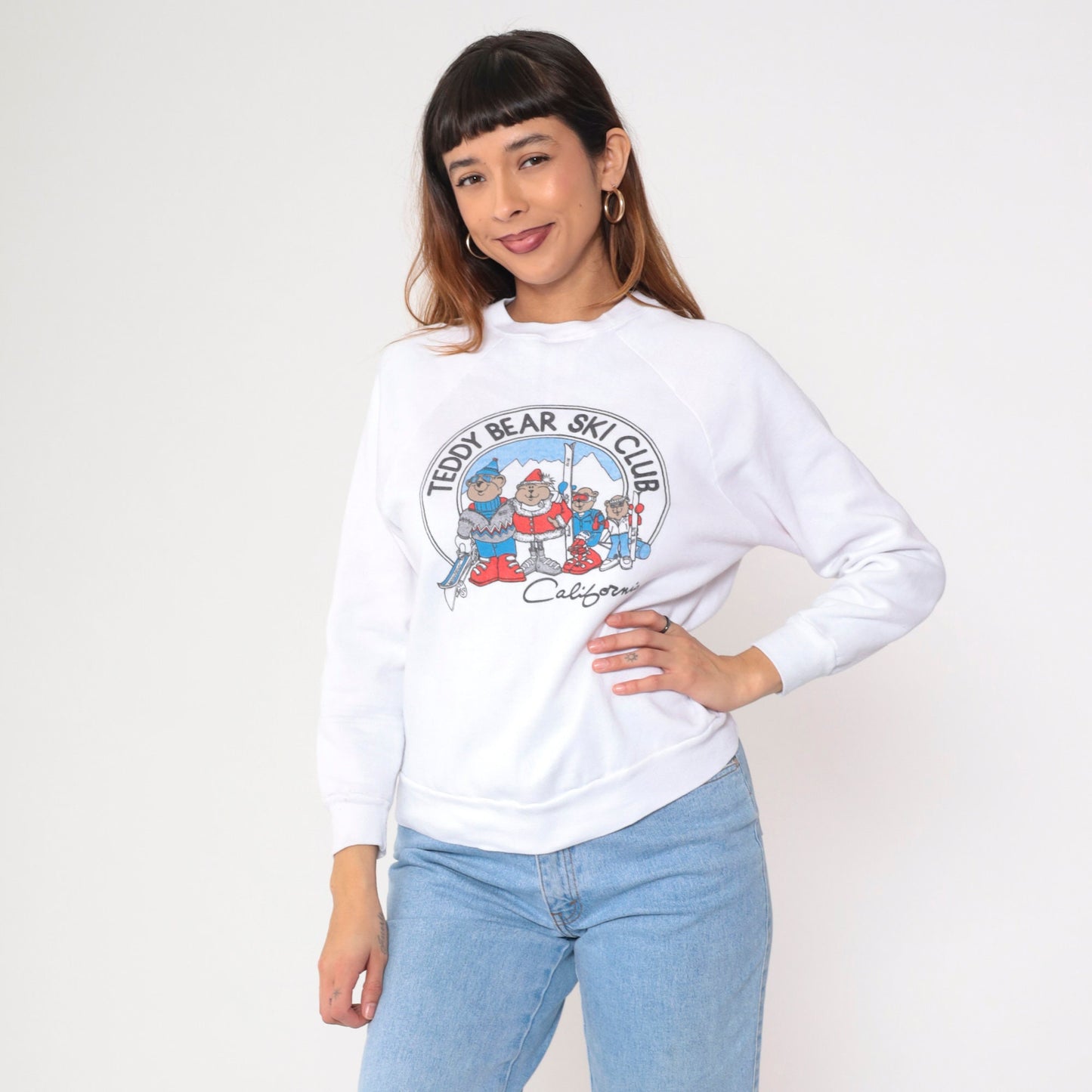 90s Teddy Bear Ski Club California Graphic Sweatshirt White Crewneck Small