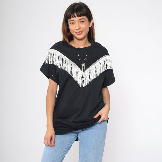 90s Southwest Fringe T-Shirt Black Studded Horseshoe Concho Cotton Medium
