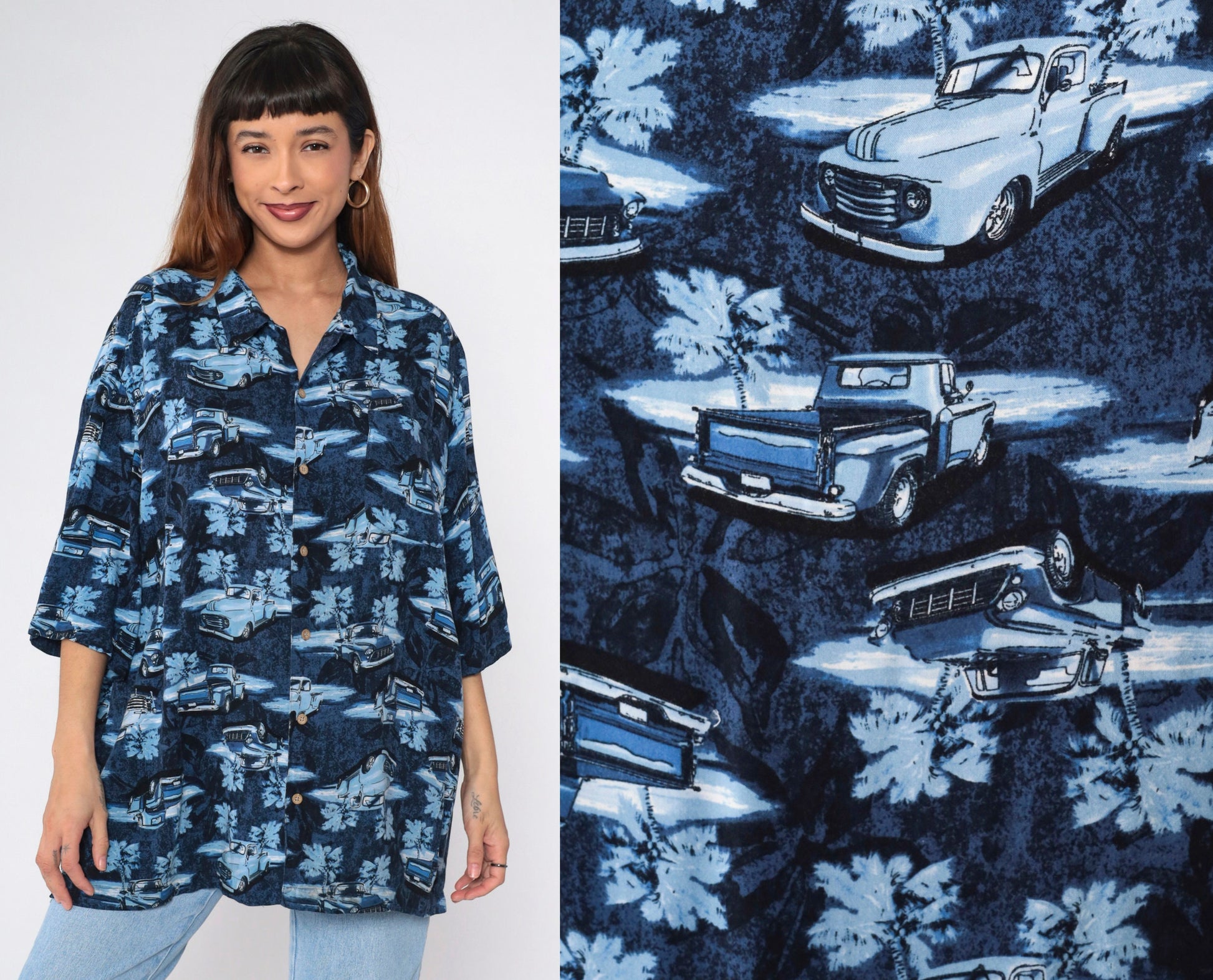 90s Puritan Truck Print Button-Up Shirt Blue Rayon XXL