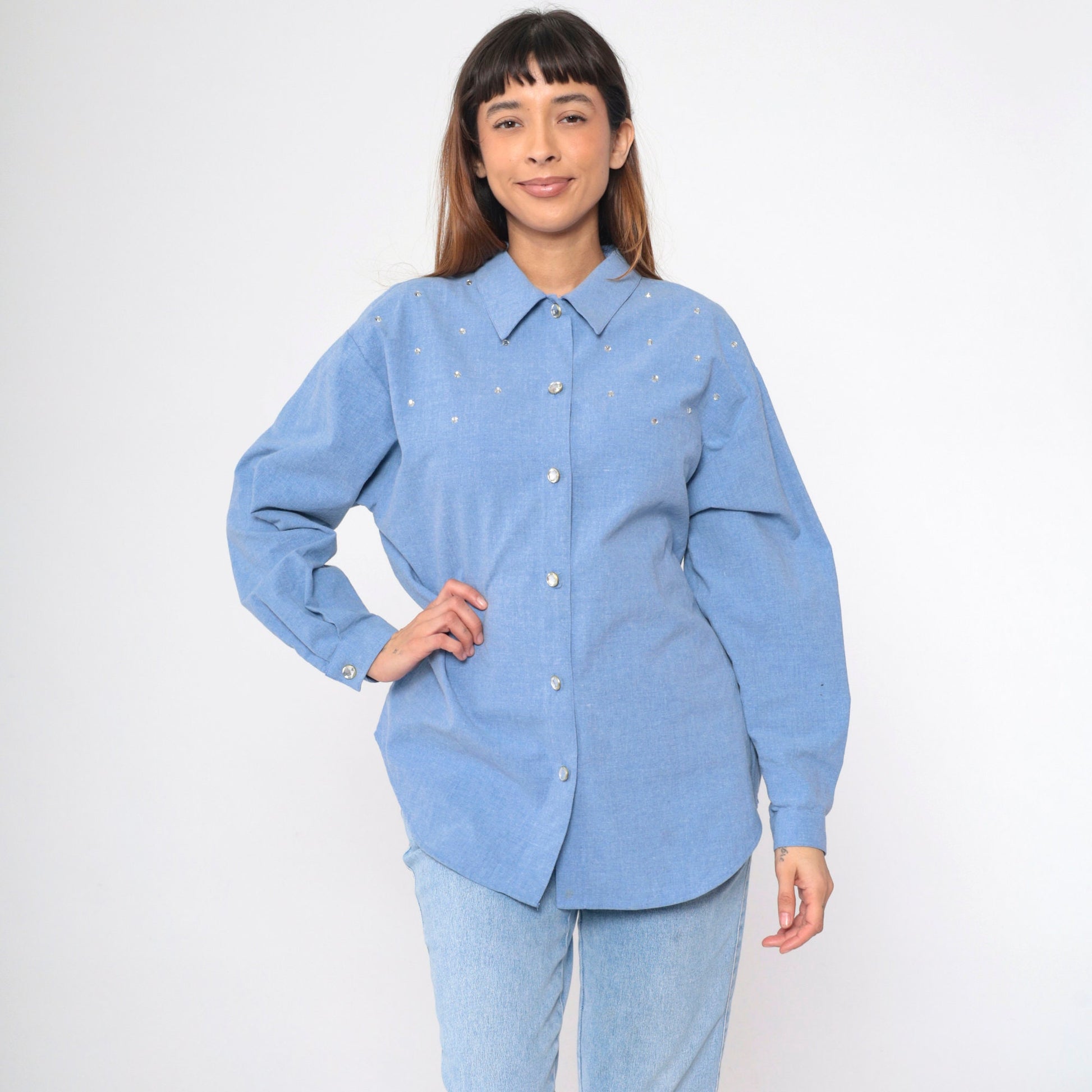 90s Blue Chambray Blouse Rhinestone Studs Long Sleeve Collared Shirt Large