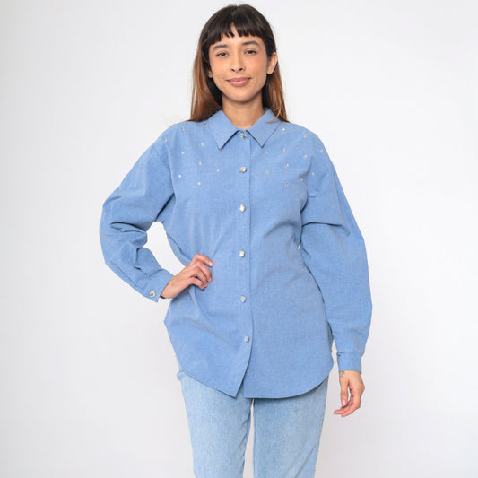 90s Blue Chambray Blouse Rhinestone Studs Long Sleeve Collared Shirt Large