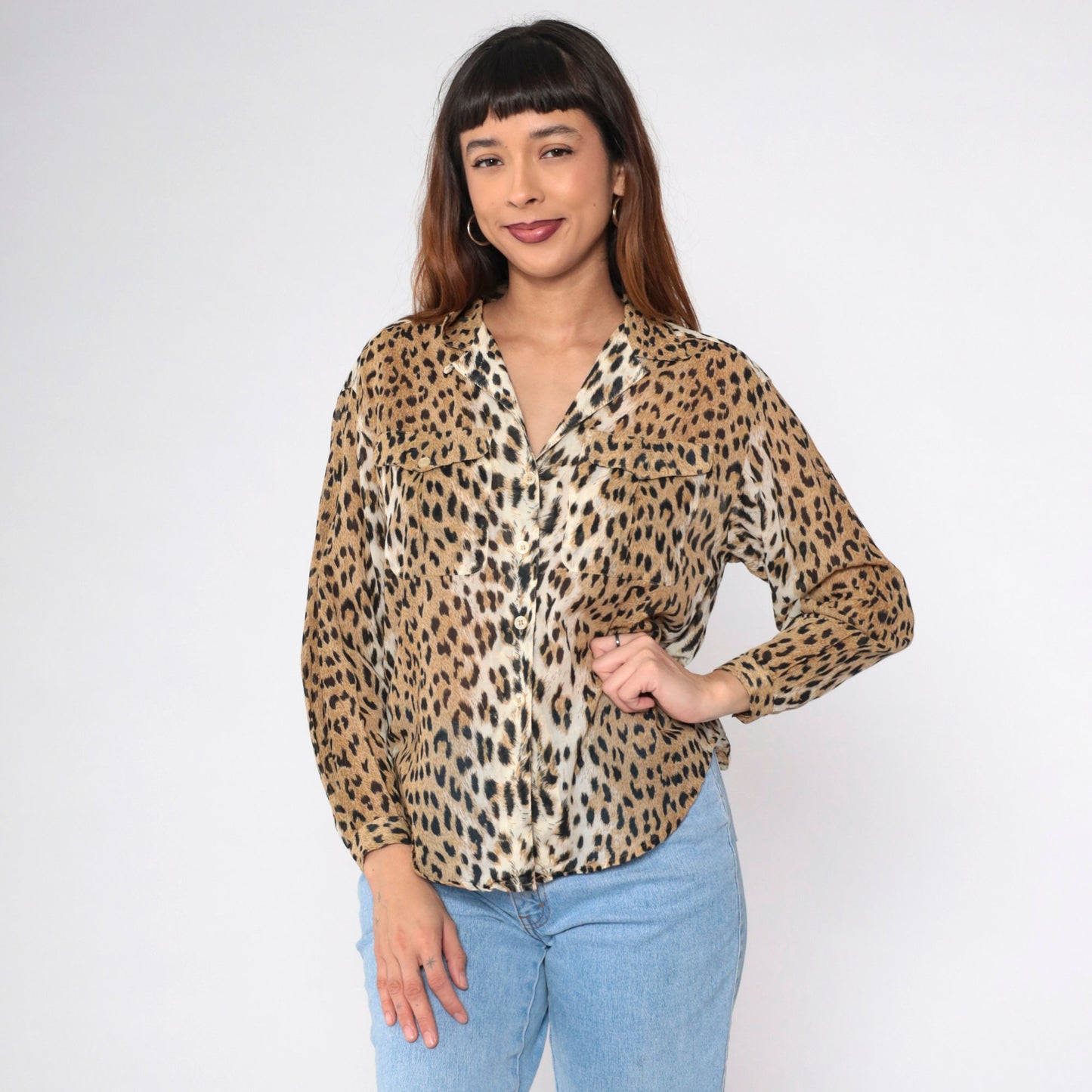 90s Liz Sport Leopard Print Button Up Blouse Long Sleeve Cotton Small Petite