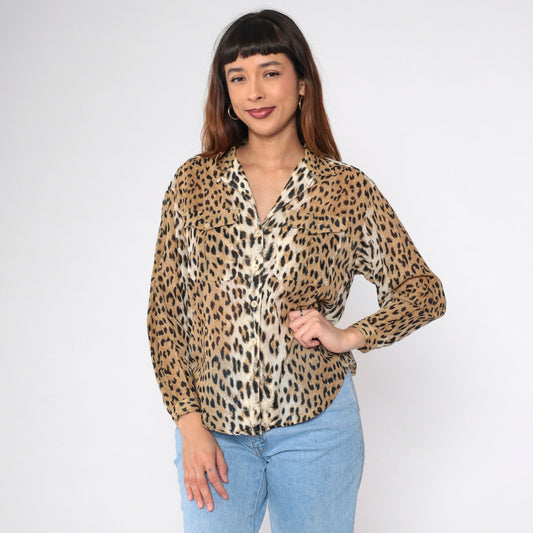 90s Liz Sport Leopard Print Button Up Blouse Long Sleeve Cotton Small Petite