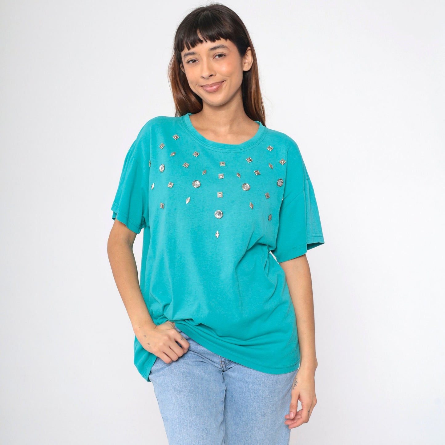 90s Turquoise Studded T-Shirt Silver Rhinestone Embellished Cotton Large L