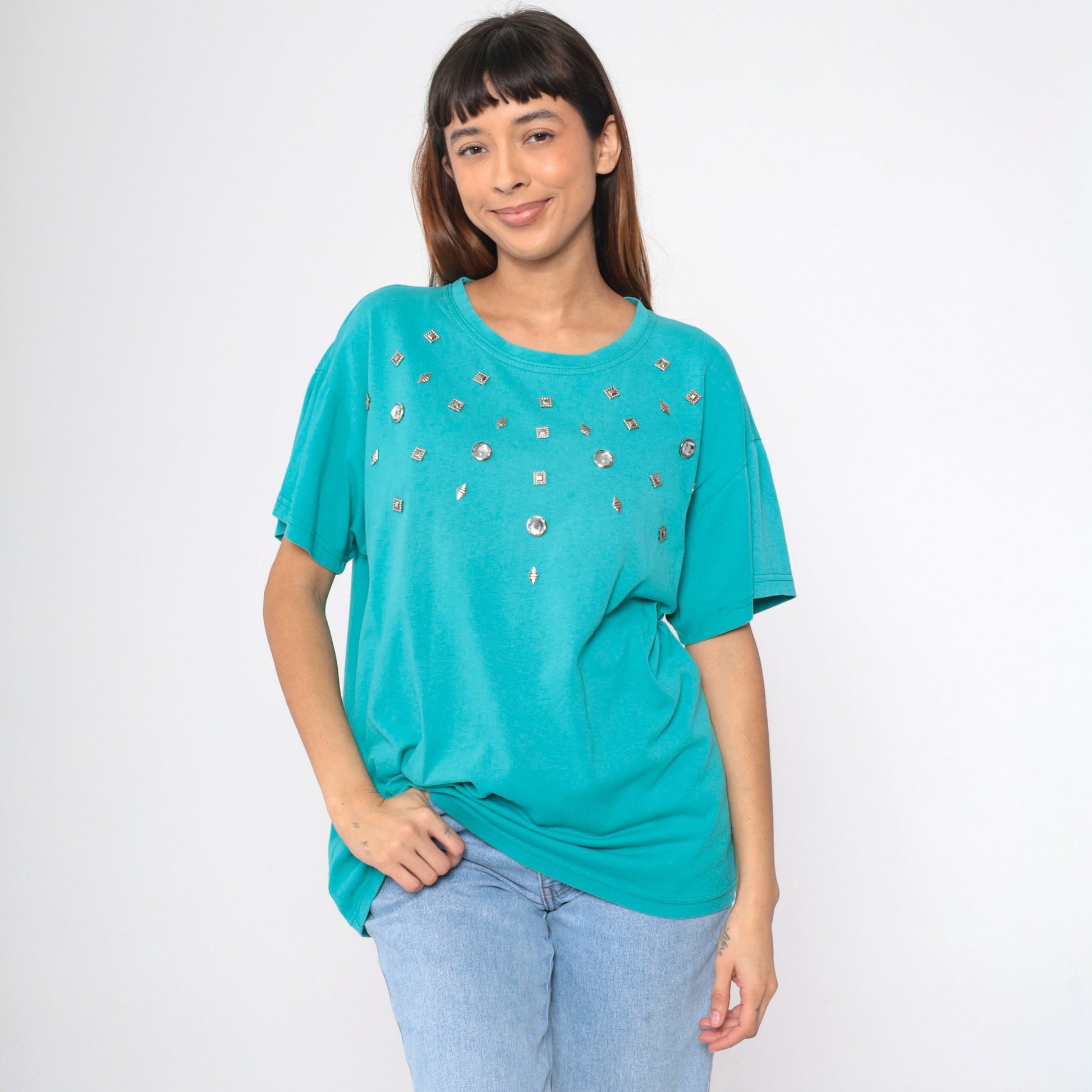 90s Turquoise Studded T-Shirt Silver Rhinestone Embellished Cotton Large L