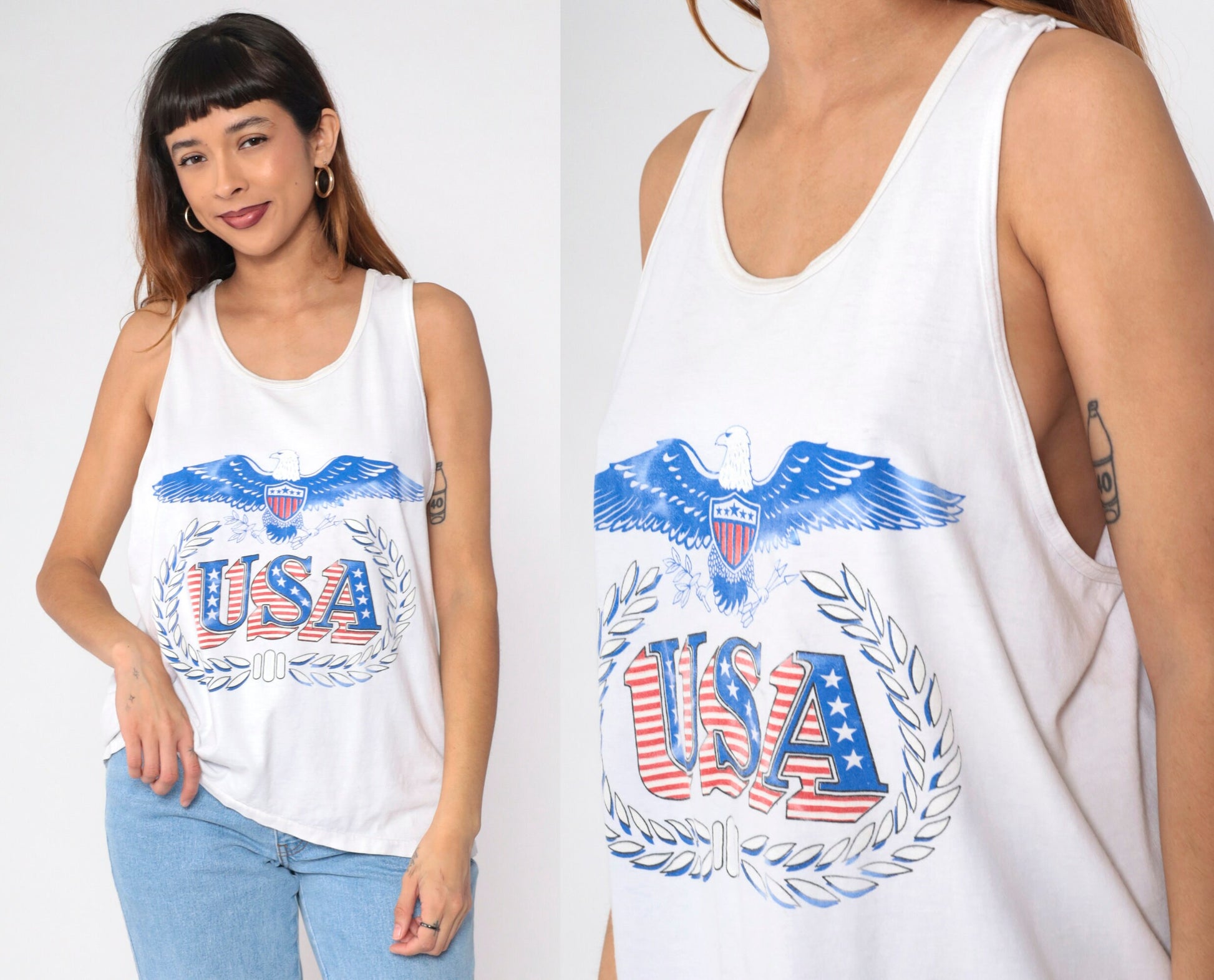 90s USA Eagle Patriotic Tank Top White Graphic Cotton Medium