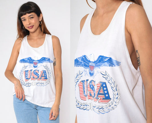 90s USA Eagle Patriotic Tank Top White Graphic Cotton Medium