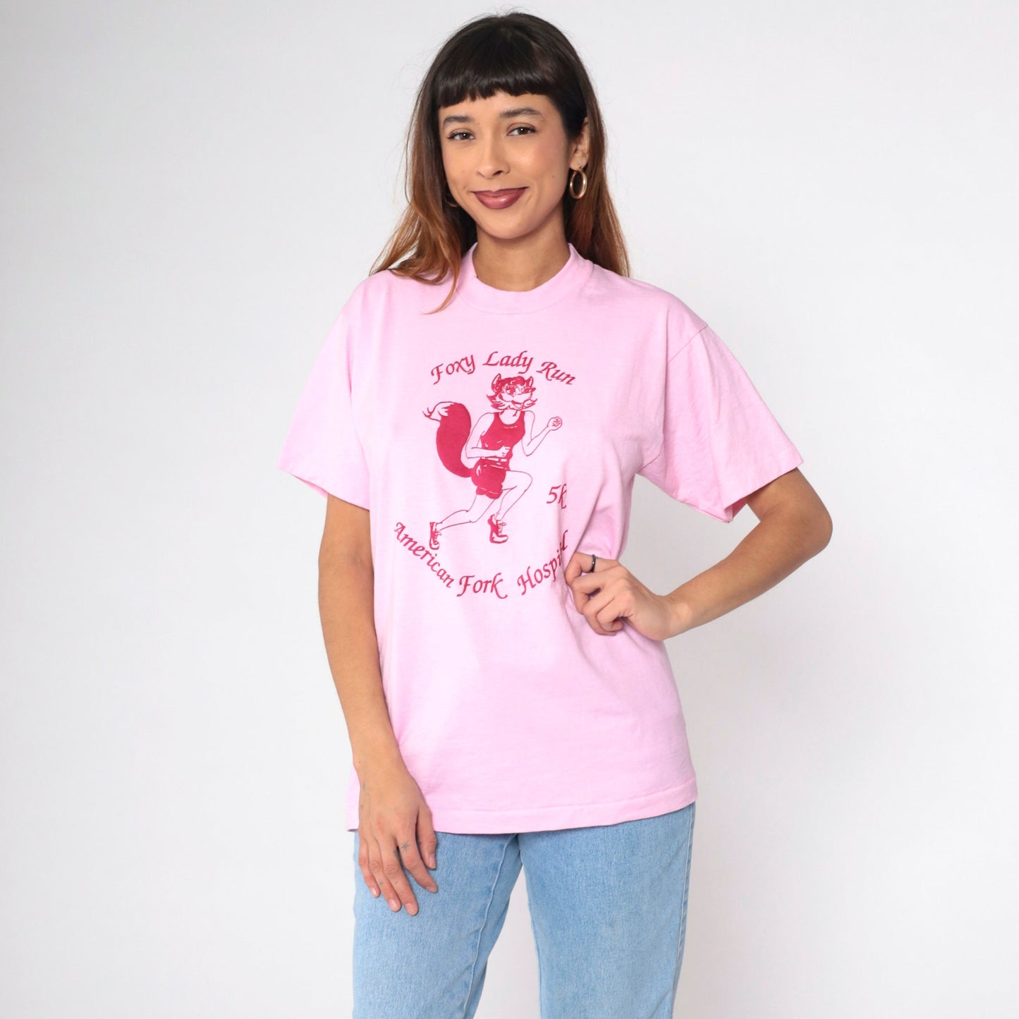 80s Foxy Lady Run 5K American Fork Hospital Graphic Tee Pink Single Stitch Medium