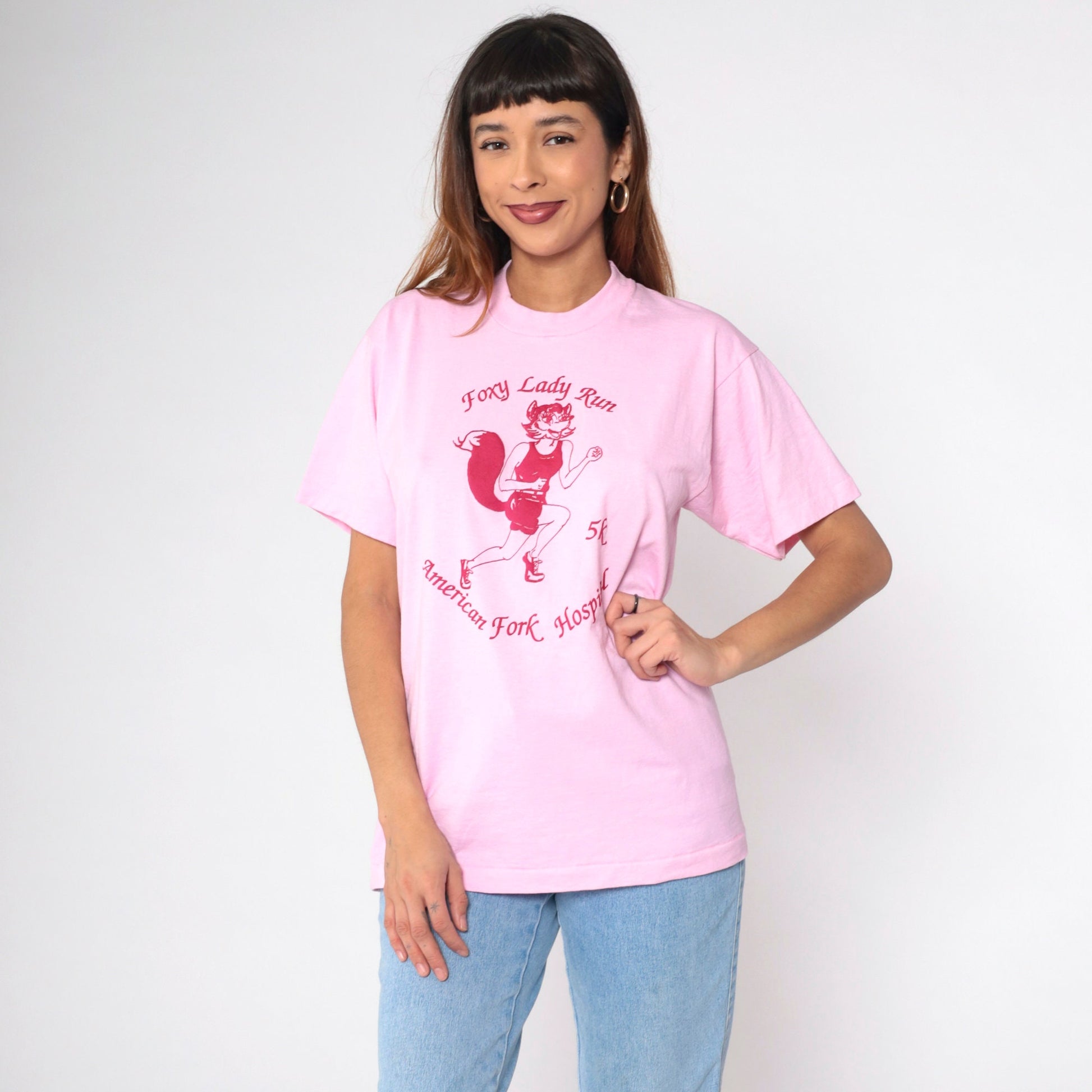 80s Foxy Lady Run 5K American Fork Hospital Graphic Tee Pink Single Stitch Medium