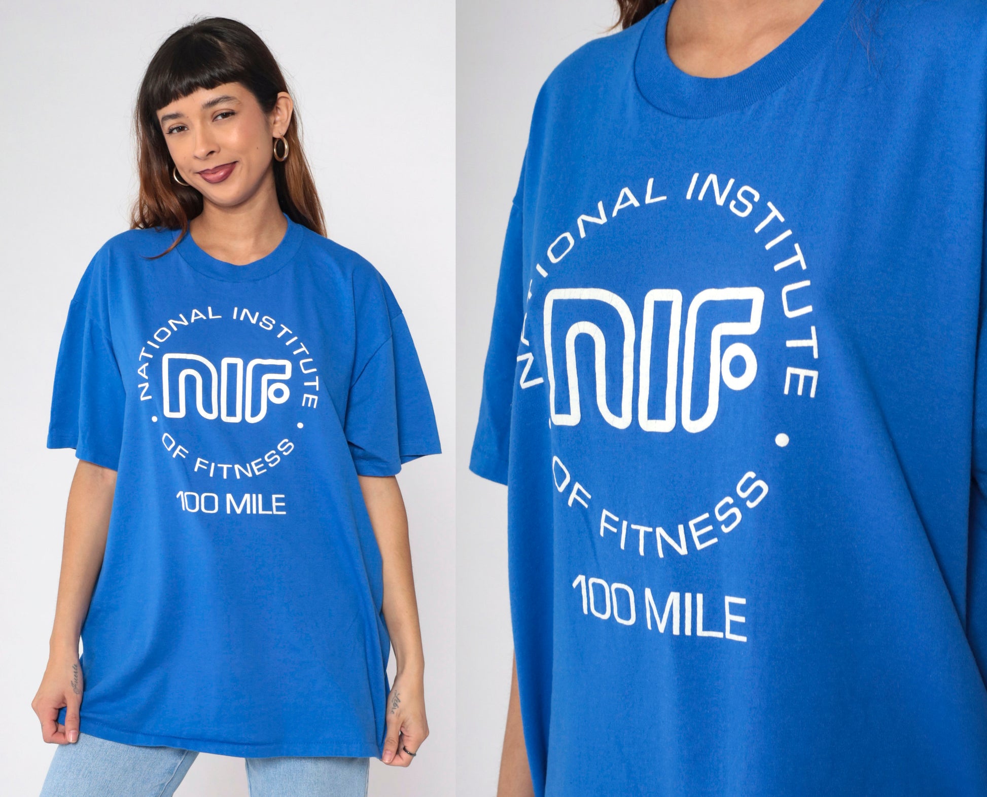 90s National Institute of Fitness 100 Mile Graphic T-Shirt Blue Extra Large XXL