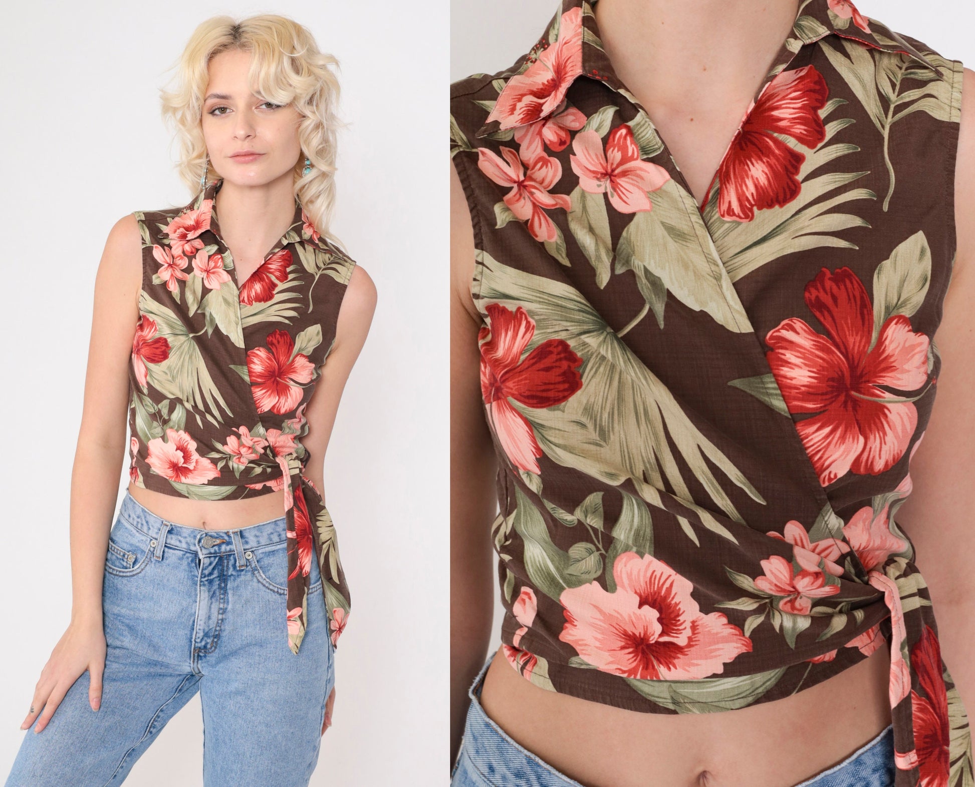 90s Tommy Bahama Tropical Silk Crop Top Brown Hibiscus Wrap Tie Waist Extra Small