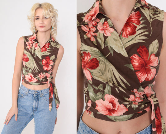 90s Tommy Bahama Tropical Silk Crop Top Brown Hibiscus Wrap Tie Waist Extra Small