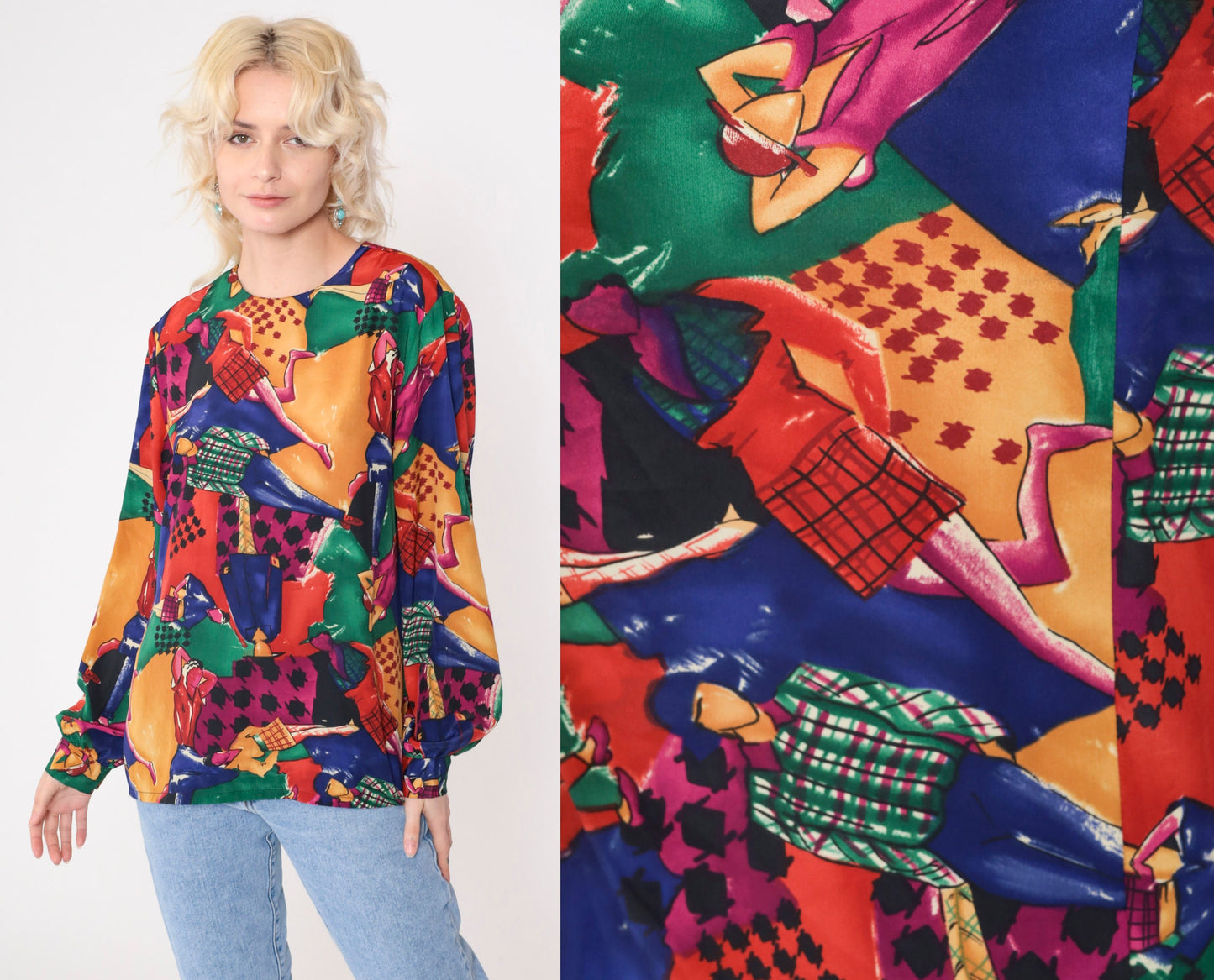 90s Checkered Runway Model Print Blouse Multicolor Long Sleeve Large