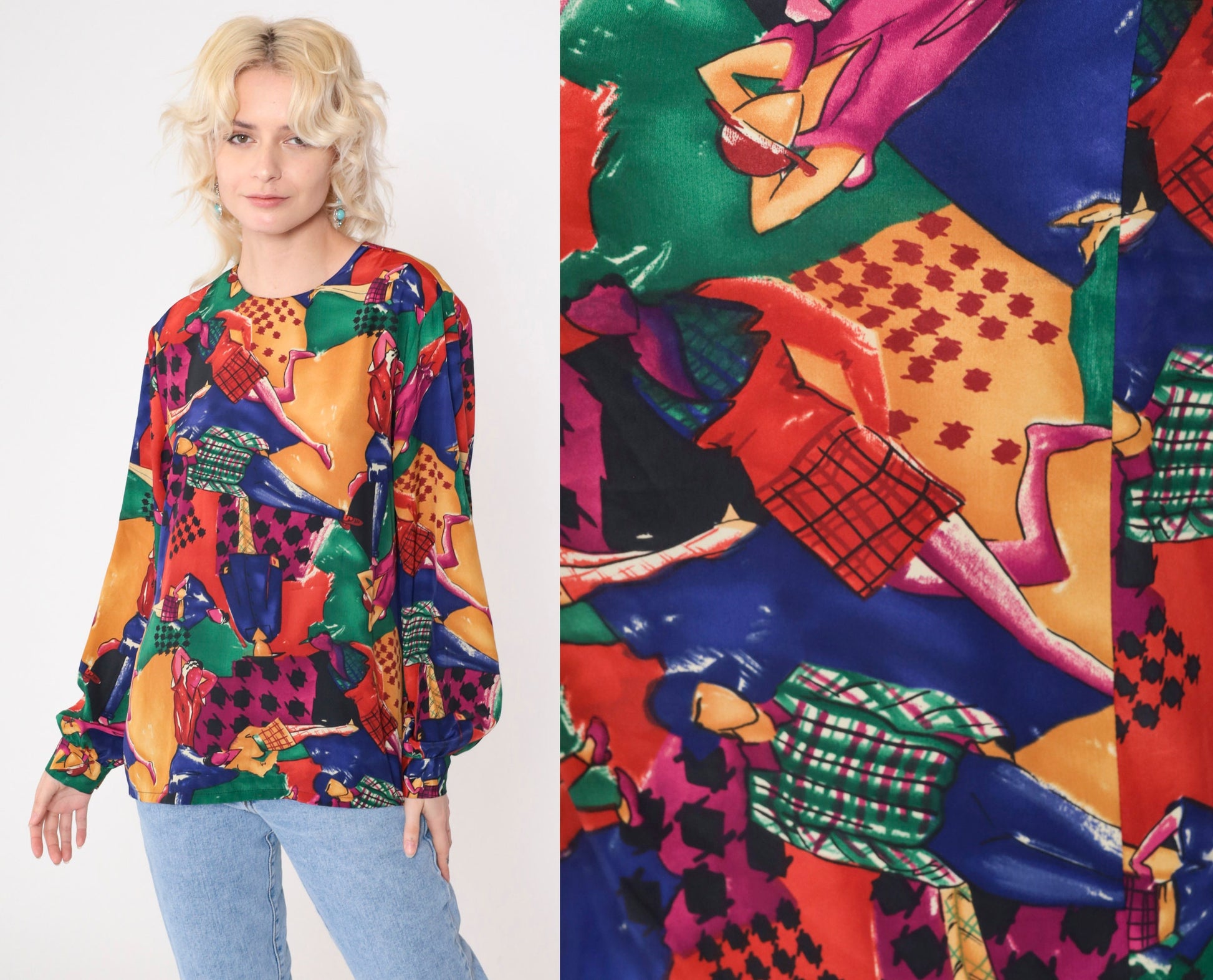 90s Checkered Runway Model Print Blouse Multicolor Long Sleeve Large