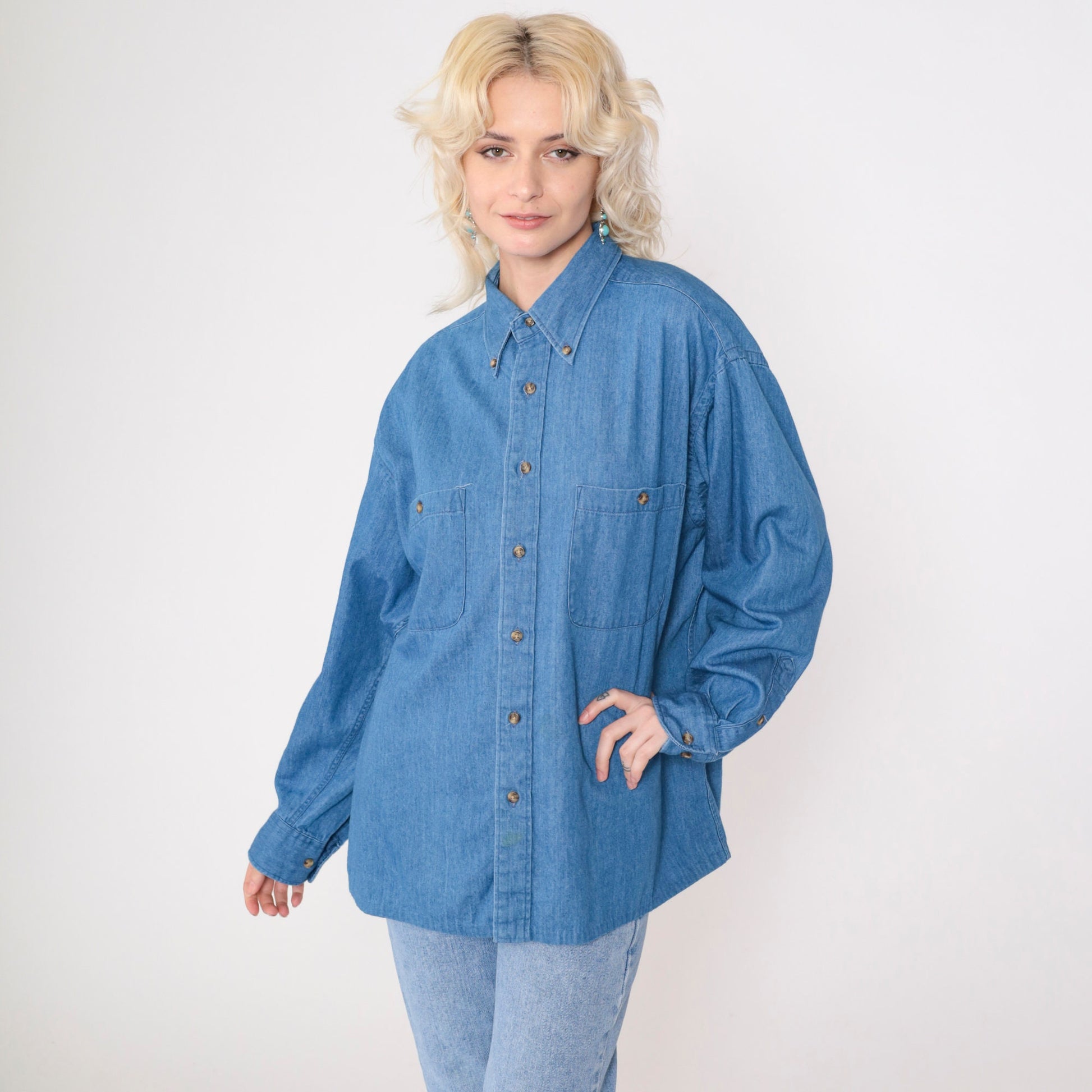 90s Club Room Blue Denim Button-Up Shirt Long Sleeve Cotton Men's 16 1/2