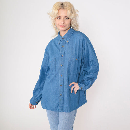 90s Club Room Blue Denim Button-Up Shirt Long Sleeve Cotton Men's 16 1/2