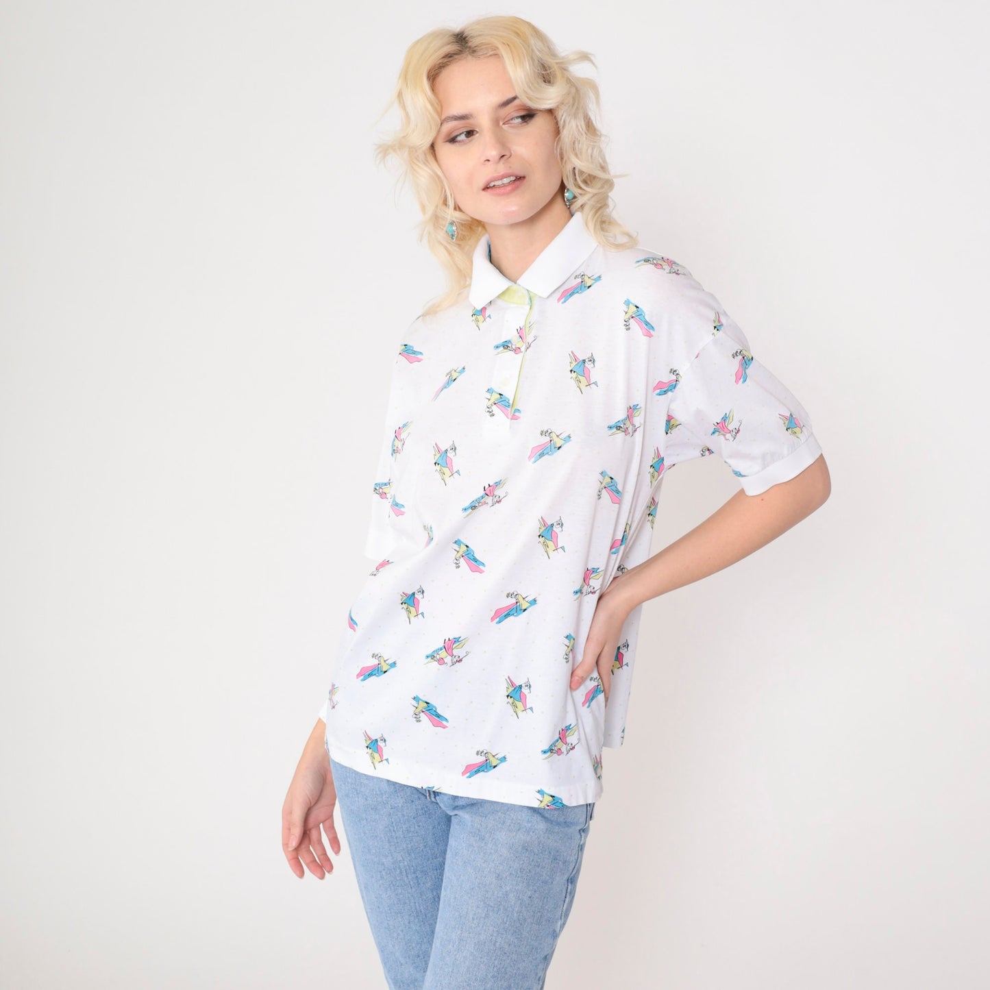 90s La Mode Women's Golf Polo Shirt White Graphic Collared Cotton Medium
