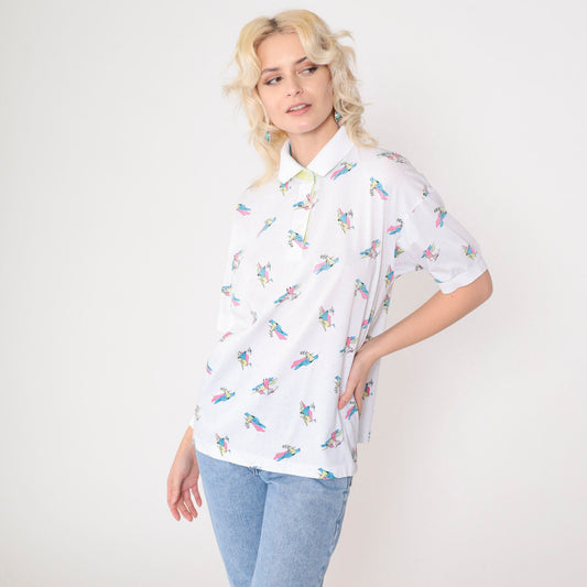 90s La Mode Women's Golf Polo Shirt White Graphic Collared Cotton Medium