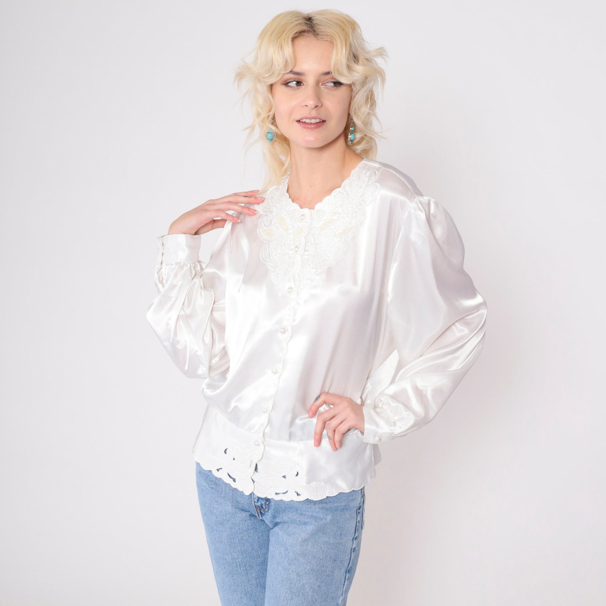 80s Westbound White Satin Blouse Paisley Beaded Sequin Puff Sleeve Large 14