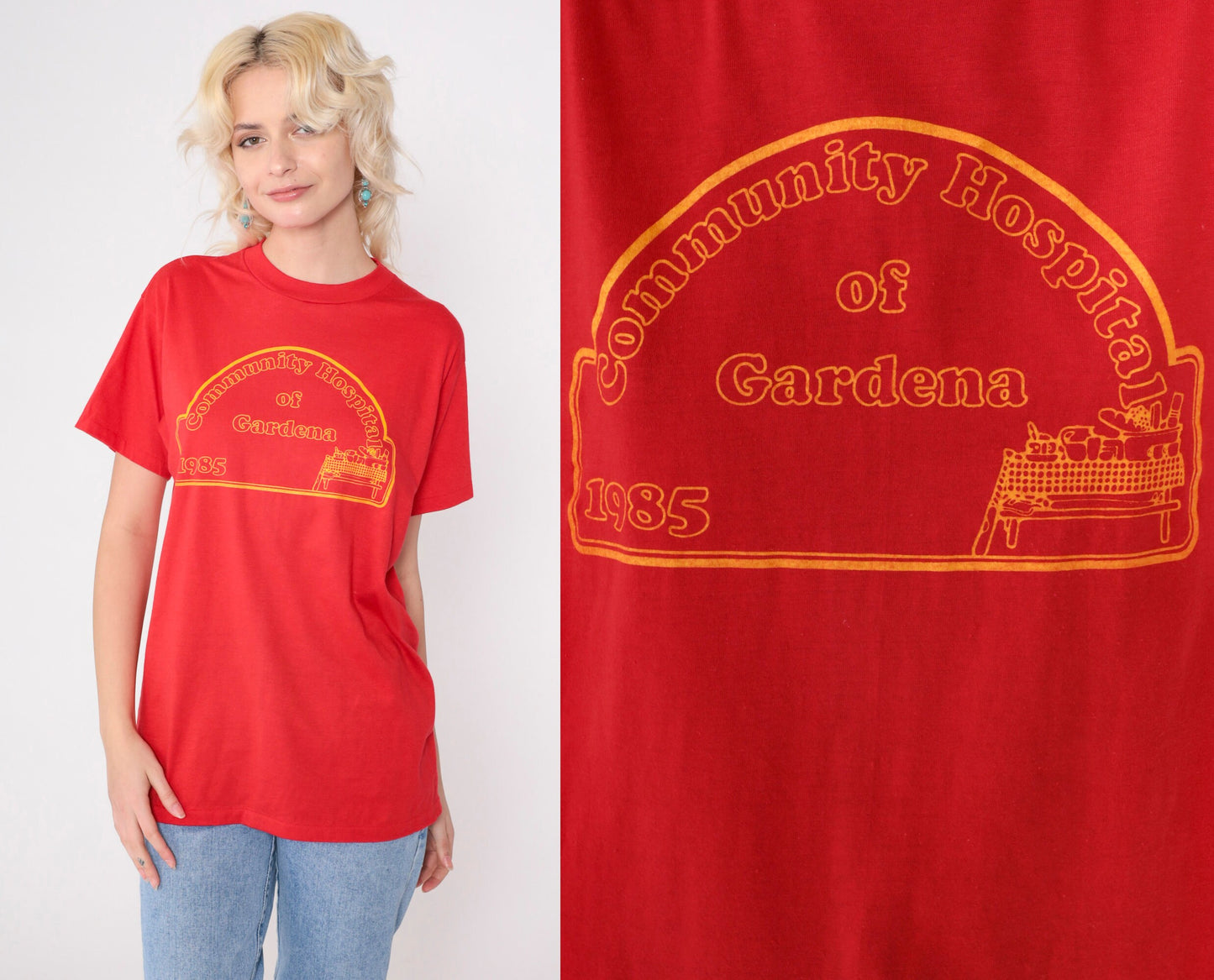 1985 Community Hospital of Gardena Graphic T-Shirt Red Hanes Medium