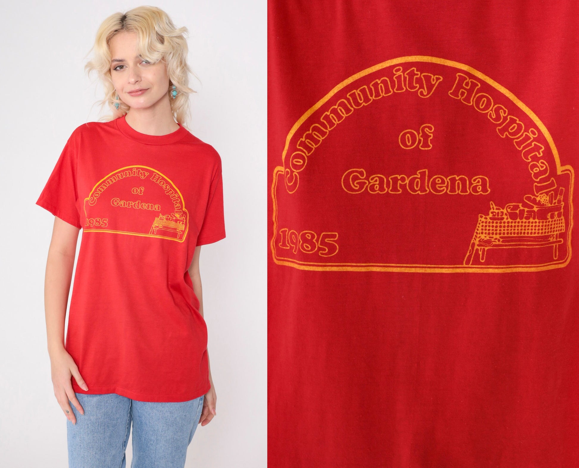 1985 Community Hospital of Gardena Graphic T-Shirt Red Hanes Medium