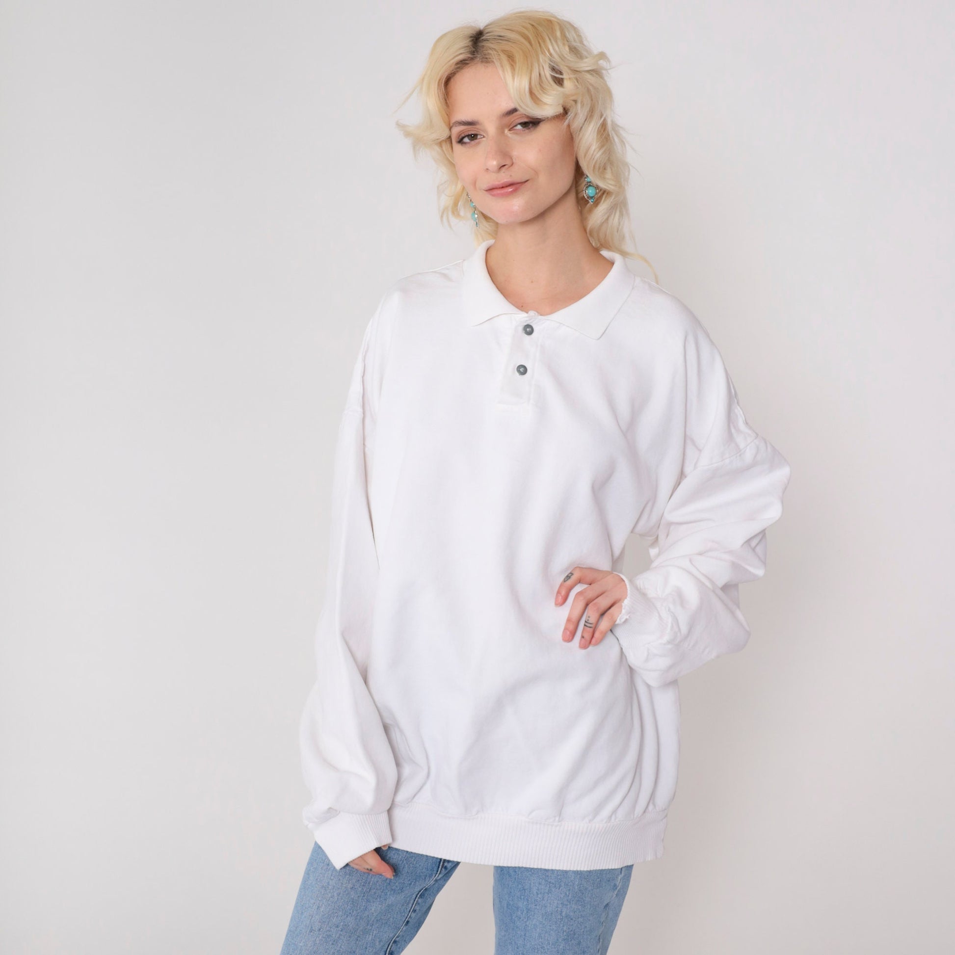 90s Orvis White Collared Sweatshirt Button Chest Plus Size XXL
