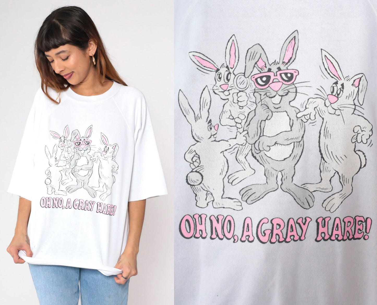 80s Rabbit Pun Sweatshirt Grey Hare Cartoon Bunny Graphic Cutoff Large