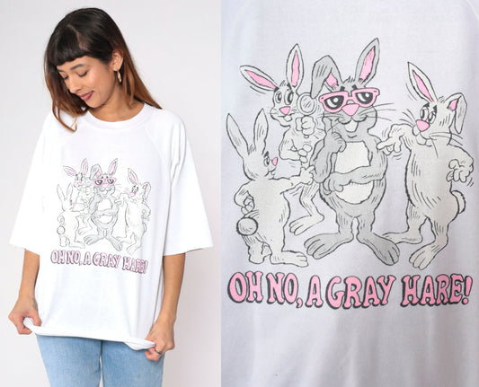 80s Rabbit Pun Sweatshirt Grey Hare Cartoon Bunny Graphic Cutoff Large