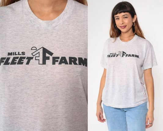 90s Mills Fleet Farm Graphic T-Shirt Heather Grey Single Stitch Medium