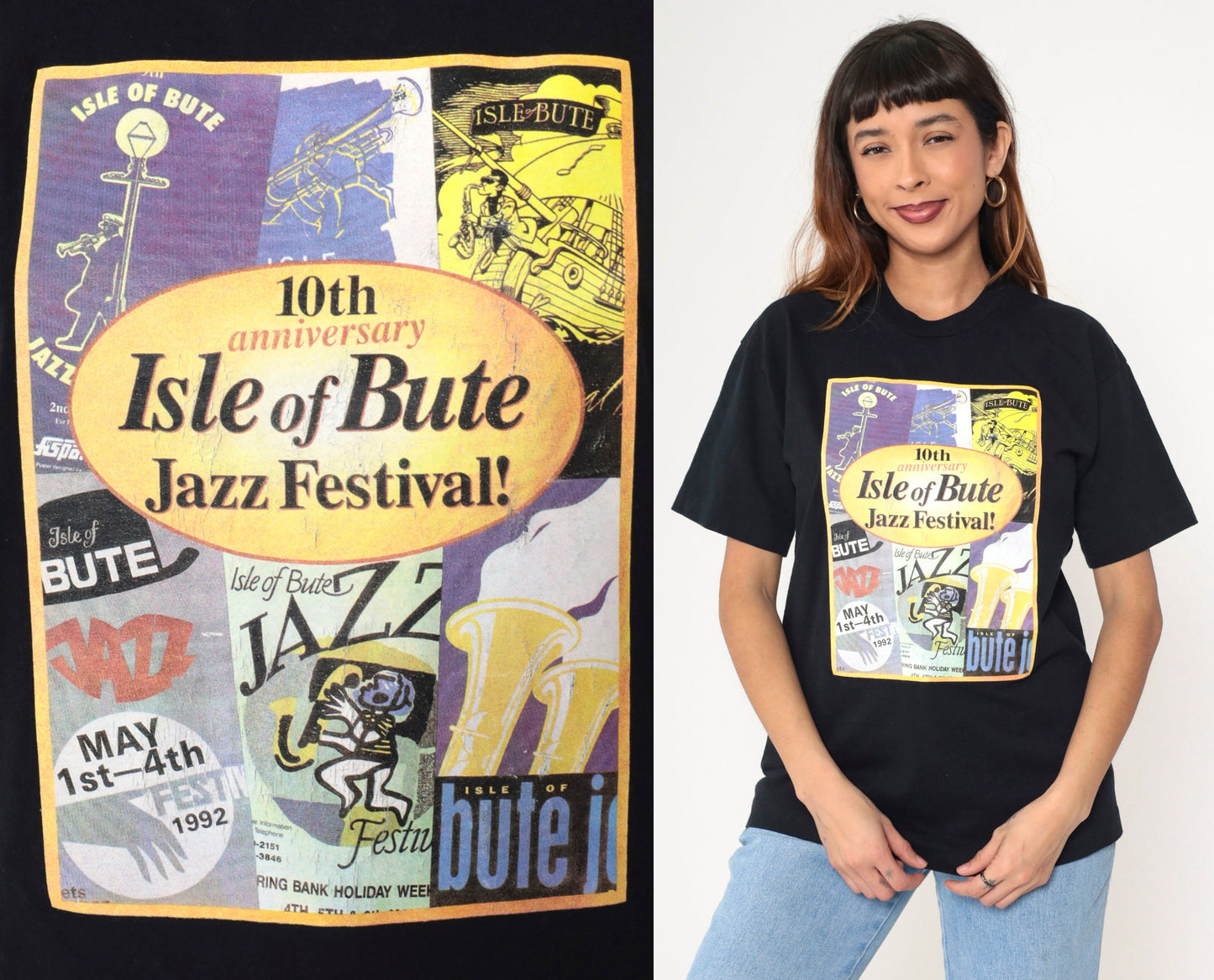 1992 Isle of Bute Jazz Festival 10th Anniversary T-Shirt Black Graphic Tee Medium