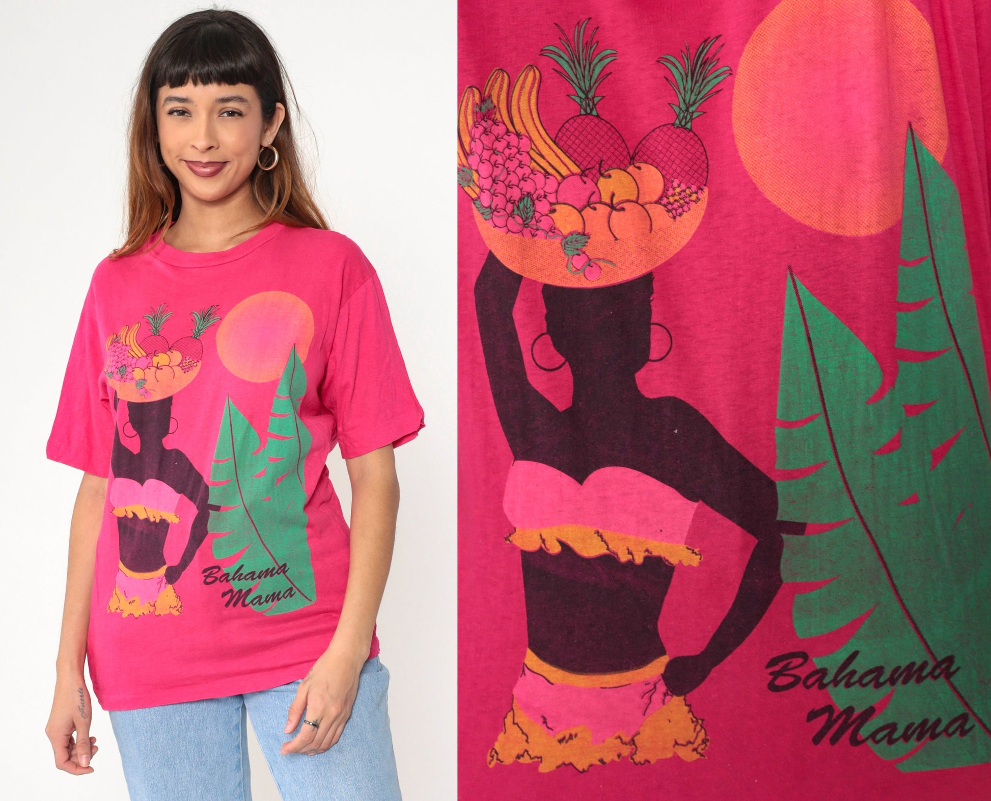 80s Bahama Mama Tropical Graphic T-Shirt Hot Pink Cotton Tee Medium