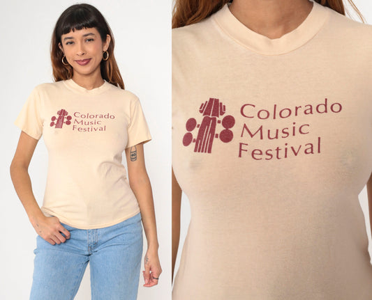 80s Colorado Music Festival Boulder Graphic T-Shirt Cream Single Stitch Small