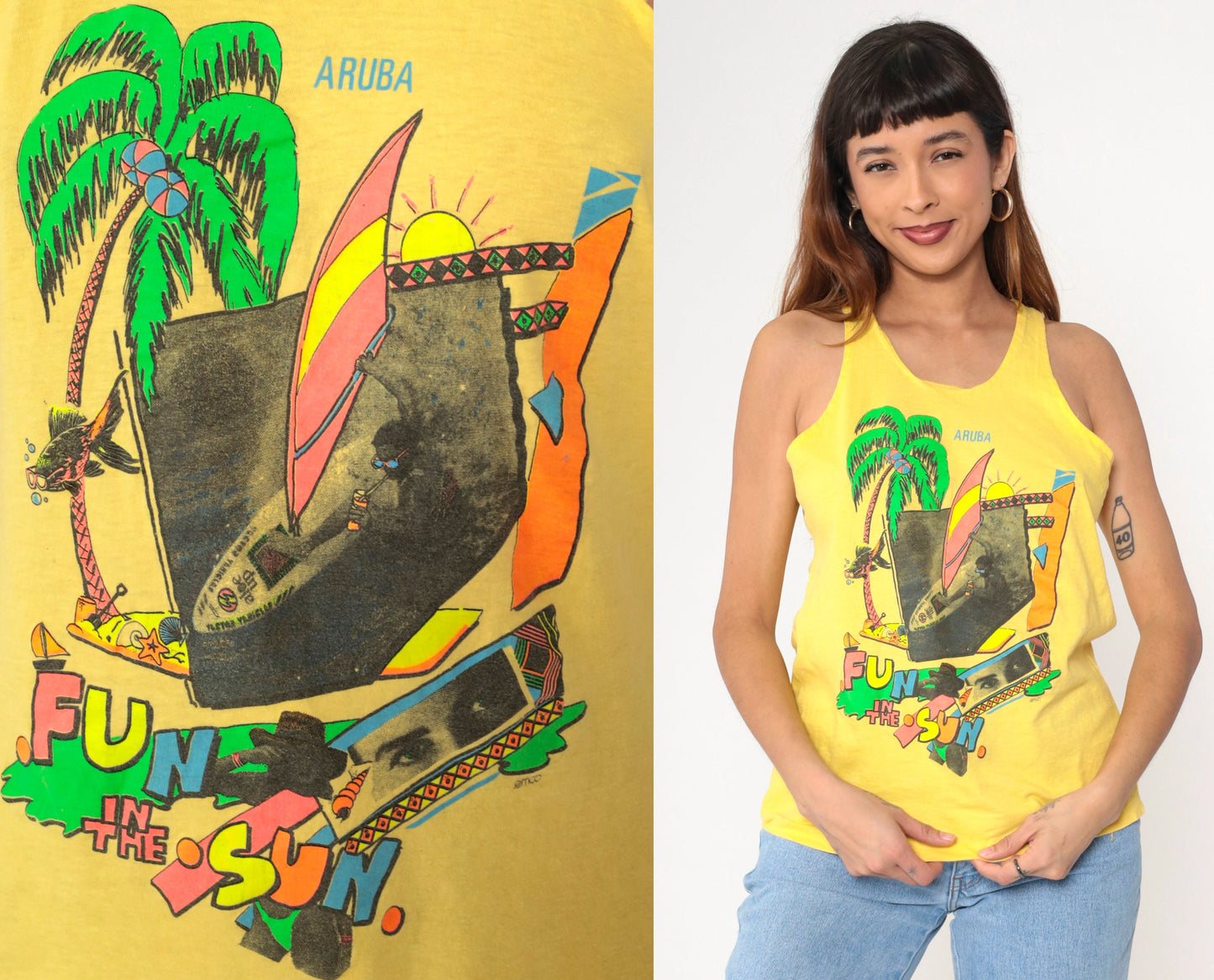 90s Aruba Windsurfing Tank Top Yellow Graphic Caribbean Small