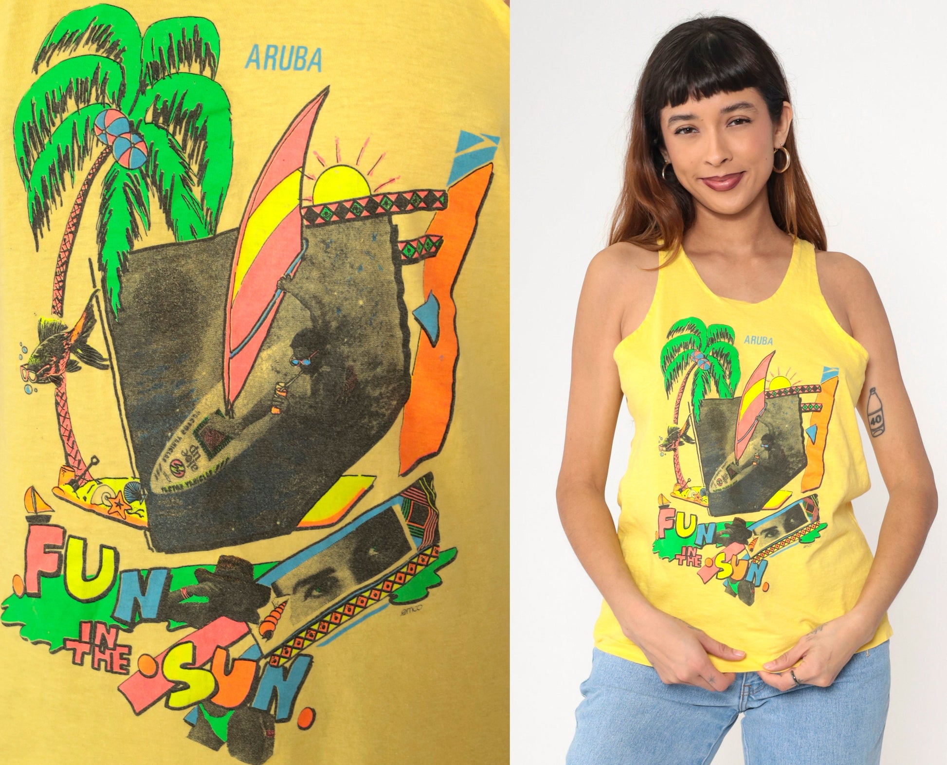 90s Aruba Windsurfing Tank Top Yellow Graphic Caribbean Small
